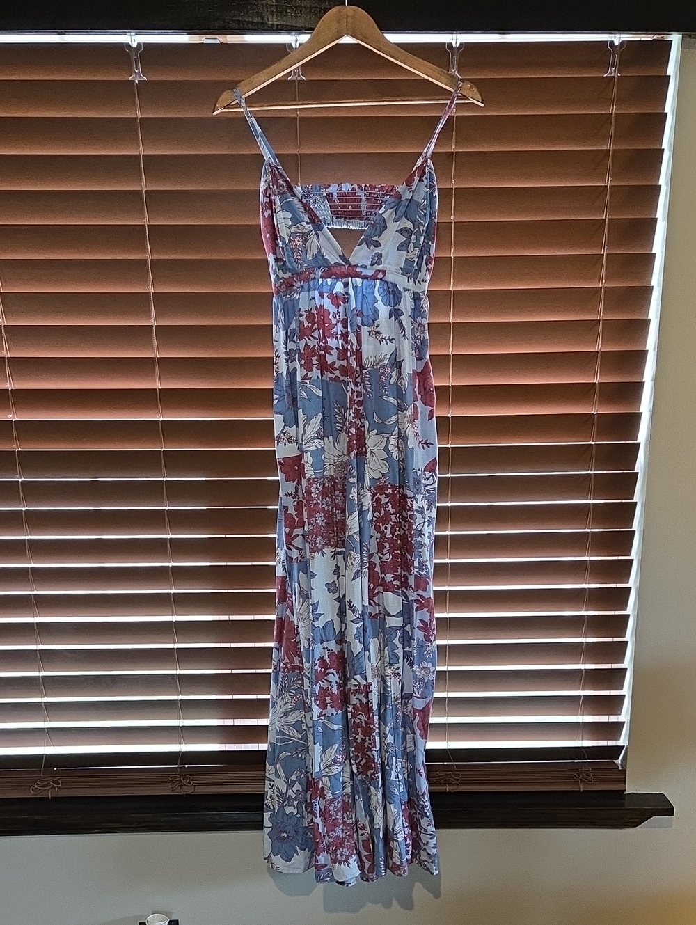 Jessica Simpson Blue & Burgundy Floral Maxi Dress with Spaghetti Straps